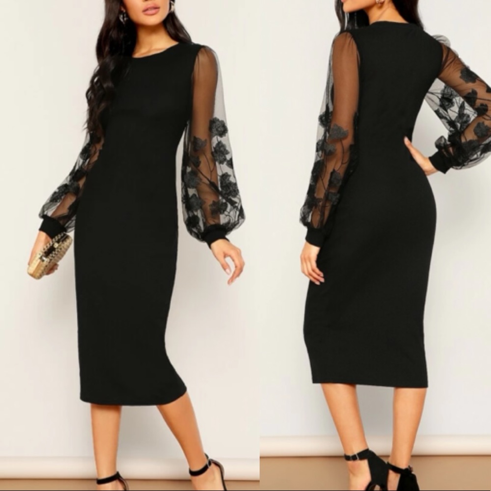 Boho black floral embroidered mesh sheer sleeve fitted midi dress - Picture 2 of 4